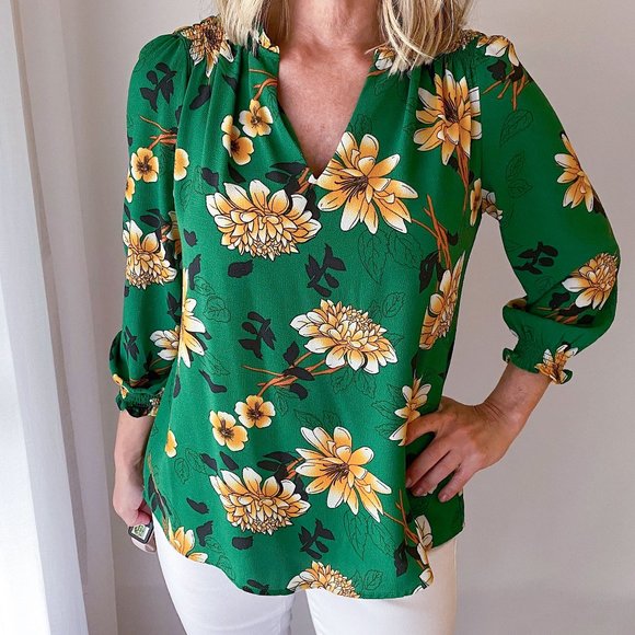 emerald green and yellow flower blouse - Picture 1 of 15